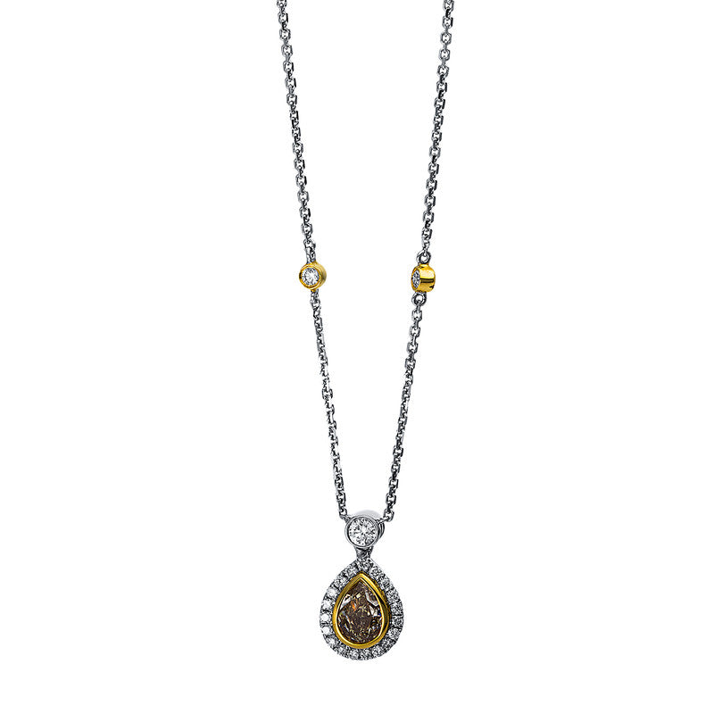 Collier 18 kt WG+GG, 20 Brill. 0,23 ct, TW-si, 1 Tropfen 0,66 ct, gelb, 6 Dia. 0,16 ct, gelb