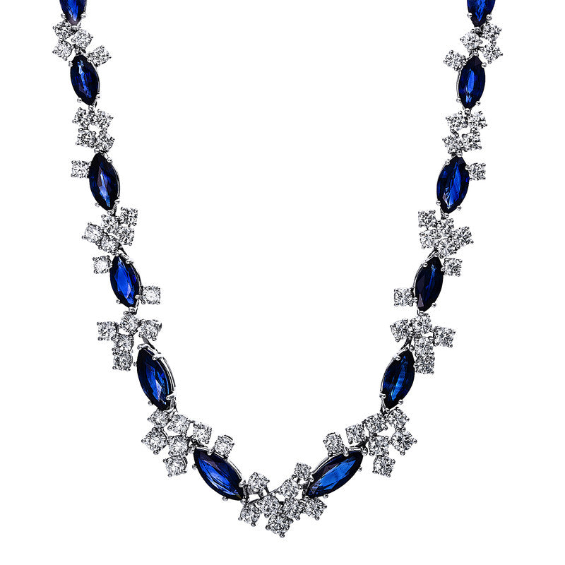 Collier 18 kt WG, 140 Brill. 12,95 ct, TW-si, 28 Saphire 31,28 ct blau