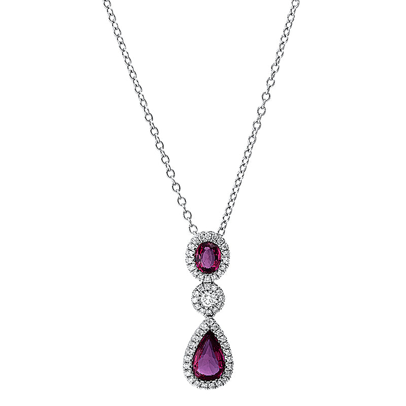 Collier 18 kt WG, 53 Brill. 0,19 ct, 1 Brill. 0,05 ct, TW-vsi, 1 Rubin 0,74 ct, 1 Rubin 0,44 ct rot