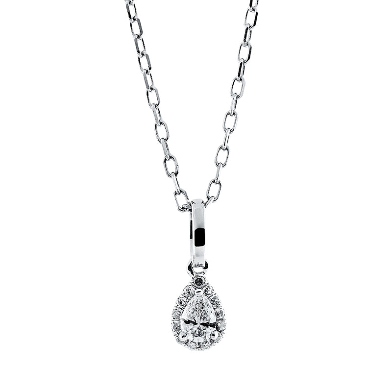 Collier 18 kt WG, mit ZÖ 40 cm + 43 cm, 1 Tropfen 0,11 ct, TW-vsi, 13 Dia. 0,04 ct, W-si