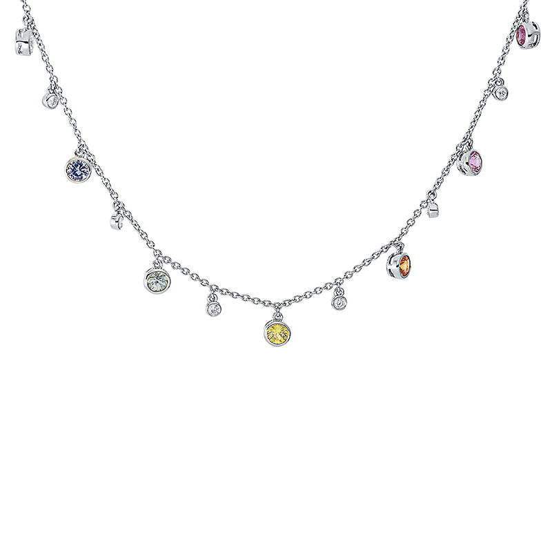 Collier 18 kt WG, 6 Brill.0,12 ct,TW-si,1 Sma0,12 ct grün, 5 Sap0,91 ct fancy,1 Sap0,22 ct weiß