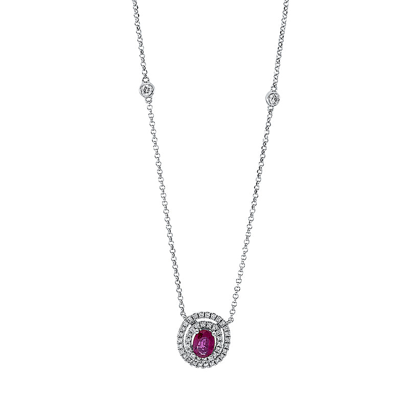 Collier 18 kt WG, mit ZÖ 38.1 cm + 40.6 cm, 46 Brill. 0,18 ct, TW-si, 1 Rubin 0,38 ct rot