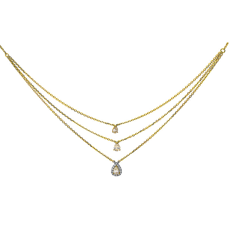 Collier 18 kt GG+WG, 14 Brill. 0,09 ct, W-pi, 3 Tropfen 0,54 ct, gelb