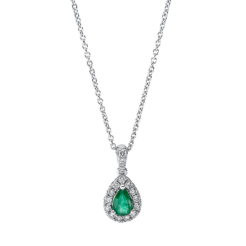 Collier 18 kt WG, mit ZÖ 40 cm + 42.5 cm, 16 Brill. 0,19 ct, TW-si, 1 Smaragd 0,42 ct grün