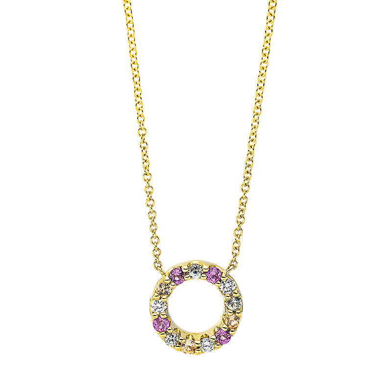 Collier 18 kt GG, mit ZÖ 40 cm + 42.5 cm, 3 Brill. 0,07 ct, TW-si, 3 Saphire 0,07 ct gelb, 3 Saphire 0,08 ct grün, 4 Saphire 0,11 ct pink