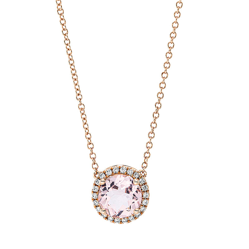Collier 18 kt RG, mit ZÖ 40,6 cm, 22 Brill. 0,10 ct, TW-si, 1 Morganit 1,40 ct pink
