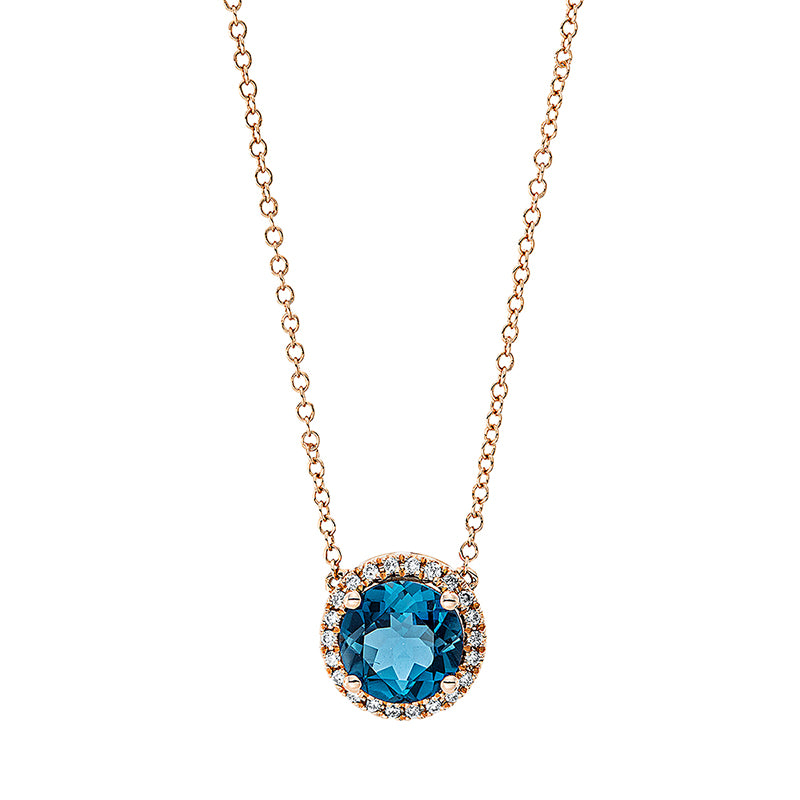 Collier 18 kt RG, mit ZÖ 40,6 cm, 22 Brill. 0,10 ct, TW-si, 1 Topas 1,70 ct Lond. blue
