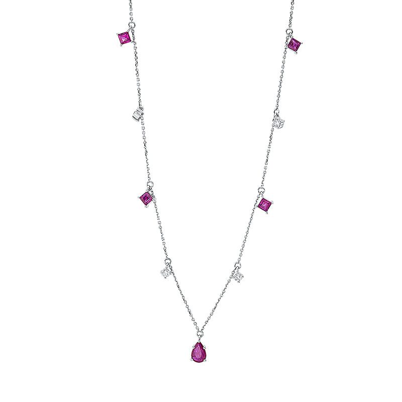 Collier 18 kt WG, 4 Brill. 0,20 ct, W-si, 5 Rubine 1,00 ct rot