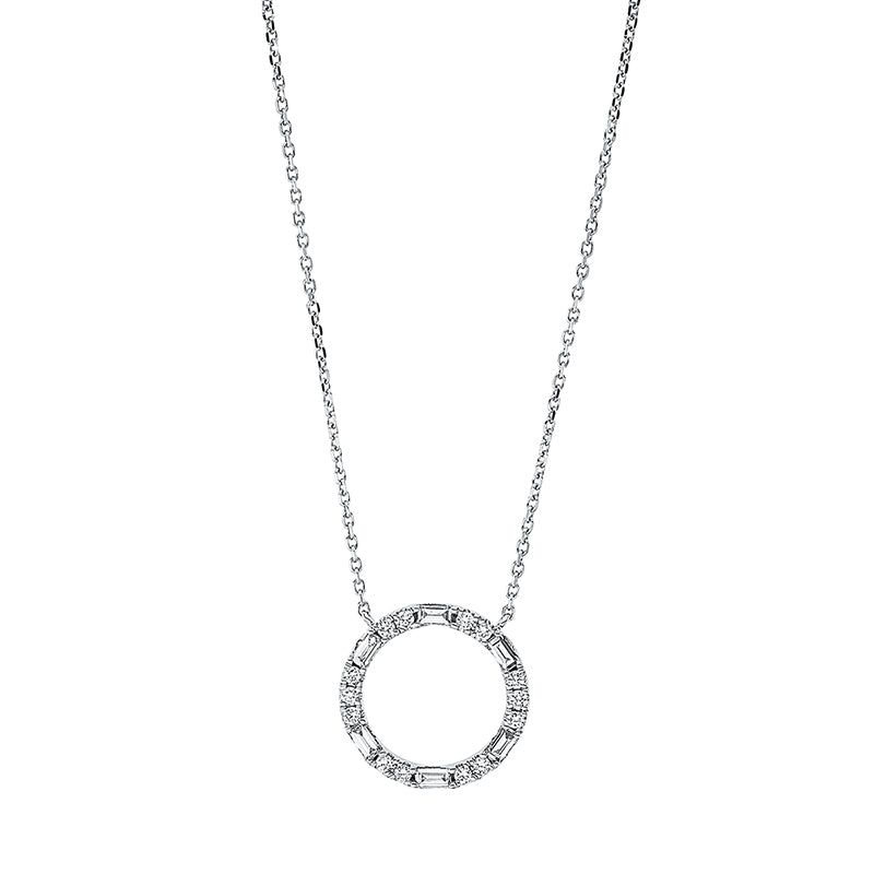 Collier 18 kt WG, mit ZÖ 42 cm, 6 Bag. 0,27 ct, TW-si, 14 Brill. 0,18 ct, TW-si