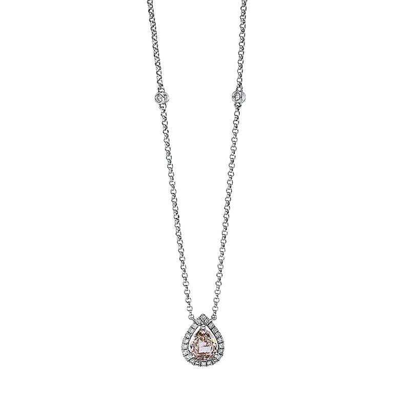 Collier 18 kt WG, mit ZÖ 38 cm + 41 cm, 26 Brill. 0,13 ct, TW-si, 1 Tropfen 0,54 ct, fancy