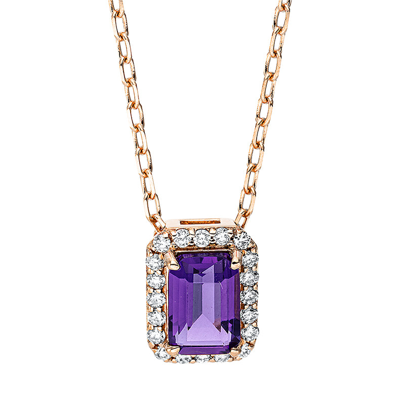 Collier 18 kt RG, mit ZÖ 40 cm + 43 cm, 20 Brill. 0,10 ct, TW-si, 1 Amethyst 0,52 ct lila
