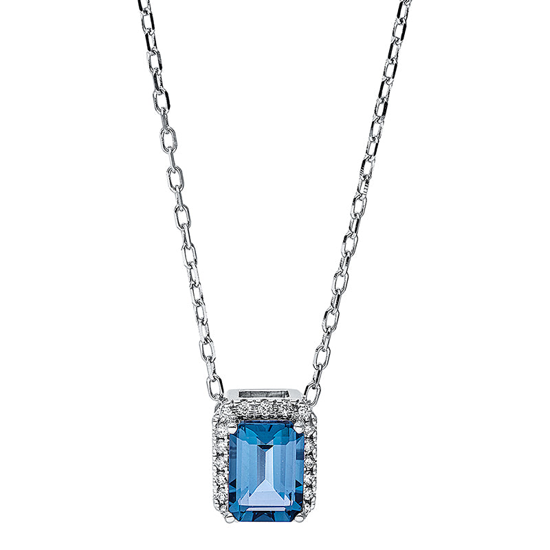 Collier 18 kt WG, mit ZÖ 40 cm + 43 cm, 20 Brill. 0,08 ct, TW-si, 1 Topas 1,22 ct Lond. blue
