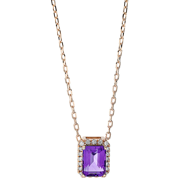 Collier 18 kt RG, mit ZÖ 40 cm + 43 cm, 20 Brill. 0,08 ct, TW-si, 1 Amethyst 0,99 ct lila