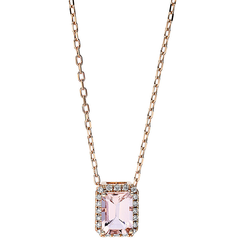 Collier 18 kt RG, mit ZÖ 40 cm + 43 cm, 20 Brill. 0,07 ct, TW-si, 1 Morganit 0,94 ct pink