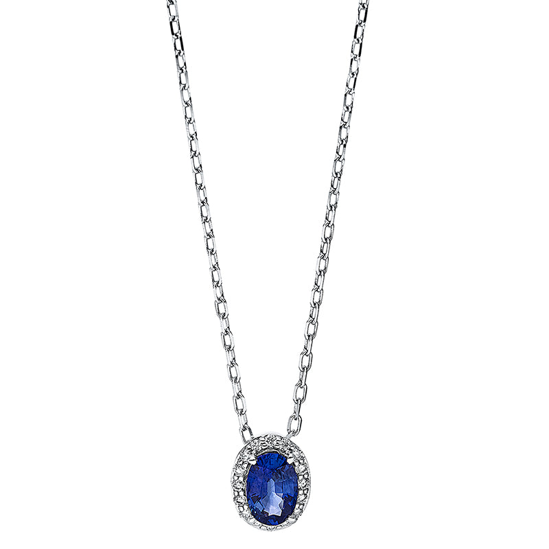 Collier 18 kt WG, mit ZÖ 40 cm + 43 cm, 16 Brill. 0,07 ct, TW-si, 1 Saphir 0,56 ct blau