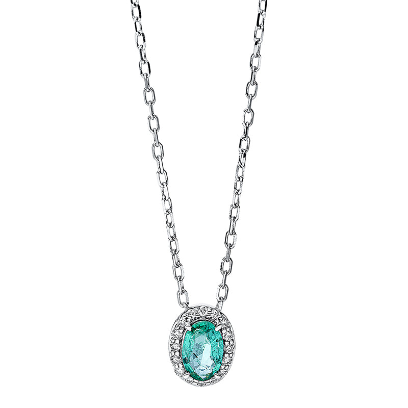 Collier 18 kt WG, mit ZÖ 40 cm + 43 cm, 16 Brill. 0,07 ct, TW-si, 1 Smaragd 0,40 ct grün