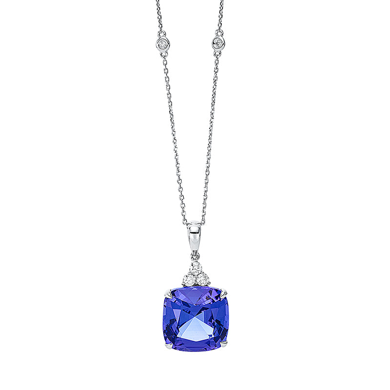 Collier 18 kt WG, mit ZÖ 40 cm + 43 cm, 5 Brill. 0,26 ct, TW-si, 1 Tansanit 15,14 ct blau