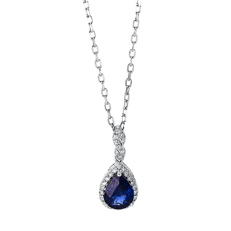 Collier 18 kt WG, mit ZÖ 40 cm + 43 cm, 30 Brill. 0,09 ct, TW-si, 1 Saphir 0,73 ct blau
