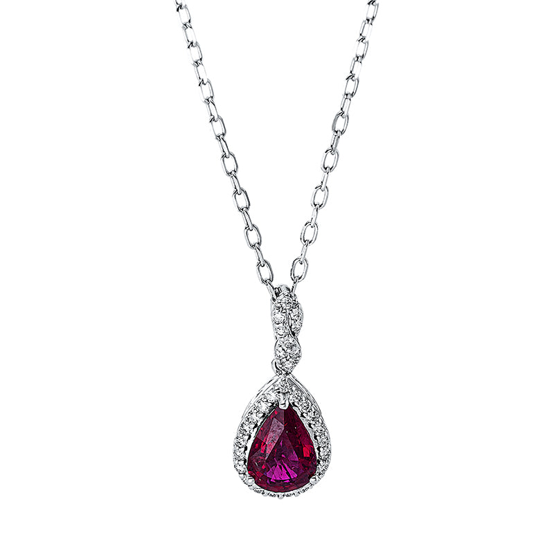 Collier 18 kt WG, mit ZÖ 40 cm + 43 cm, 30 Brill. 0,09 ct, TW-si, 1 Rubin 0,75 ct rot