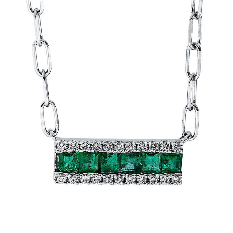 Collier 18 kt WG, mit ZÖ 40 cm, 22 Brill. 0,09 ct, TW-si, 6 Smaragde 0,37 ct grün