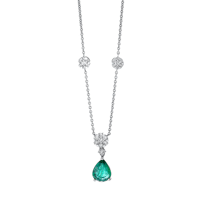 Collier 18 kt WG, mit ZÖ 41 cm, 12 Brill. 0,12 ct, TW-si, 10 Brill. 0,32 ct, TW-si, 1 Smaragd 1,20 ct grün