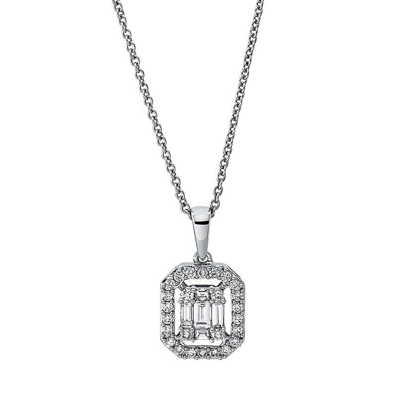 Collier 18 kt WG, mit Öse, 5 Bag. 0,24 ct, TW-si, 26 Brill. 0,27 ct, TW-si