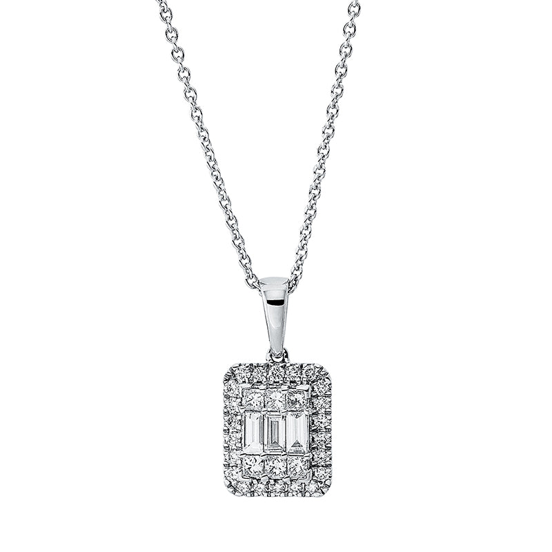 Collier 18 kt WG, mit Öse, 3 Bag. 0,19 ct, TW-si, 6 Princ. 0,21 ct, TW-si, 22 Brill. 0,18 ct, TW-si