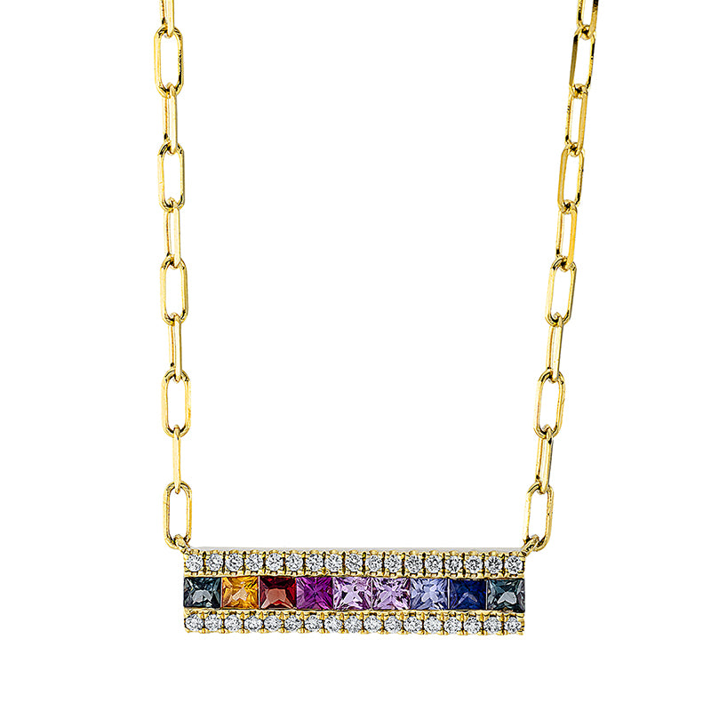 Collier 18 kt GG, mit ZÖ 40 cm, 34 Brill. 0,14 ct, TW-si, 9 Saphire 0,57 ct fancy