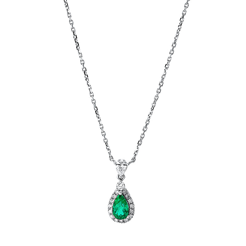 Collier 18 kt WG, 1 Brill. 0,04 ct,15 Brill. 0,09 ct,1 Tropfen 0,12 ct, W-pi, 1 Smaragd 0,41 ct grün