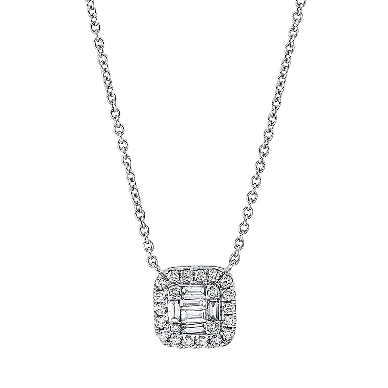Collier 18 kt WG, mit ZÖ 40 cm, 4 Bag. 0,10 ct, TW-si, 2 Bag. 0,03 ct, TW-si, 22 Brill. 0,15 ct, TW-si