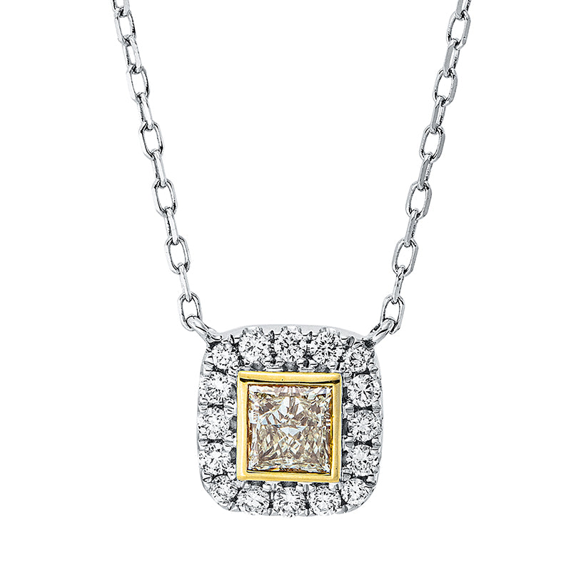 Collier 18 kt WG+GG, 4 Brill. 0,03 ct, TW-si, 1 Cushion 0,41 ct, gelb-vsi, 12 Brill. 0,16 ct, TW-si