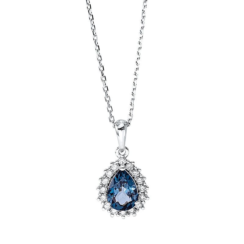 Collier 18 kt WG, mit ZÖ 40 cm + 42 cm, 16 Brill. 0,16 ct, TW-si, 1 Topas 0,85 ct Lond. blue