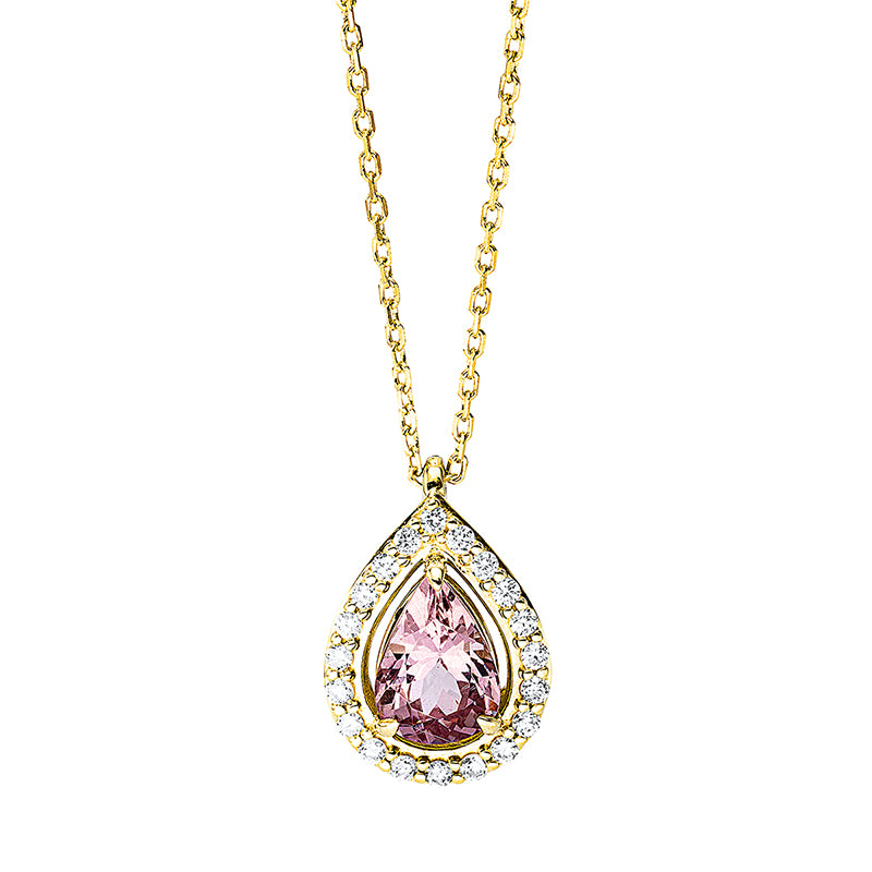 Collier 18 kt GG, mit ZÖ 40 cm + 42 cm, 20 Brill. 0,12 ct, TW-si, 1 Granat 0,78 ct pink