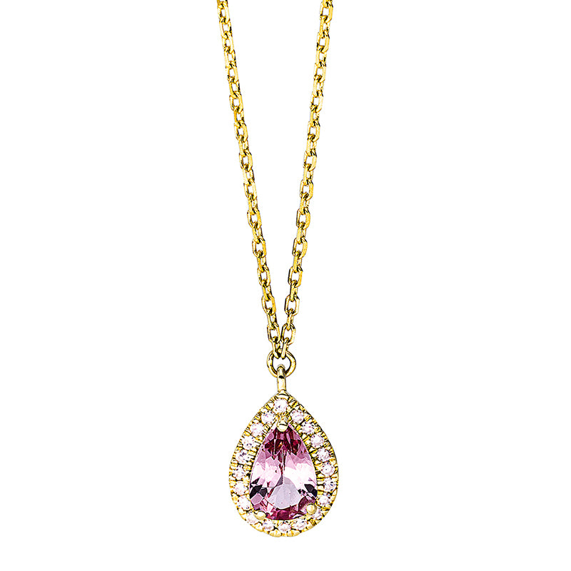 Collier 18 kt GG, mit ZÖ 40 cm + 42 cm, 20 Dia. 0,05 ct, TW-si, 1 Granat 0,37 ct pink