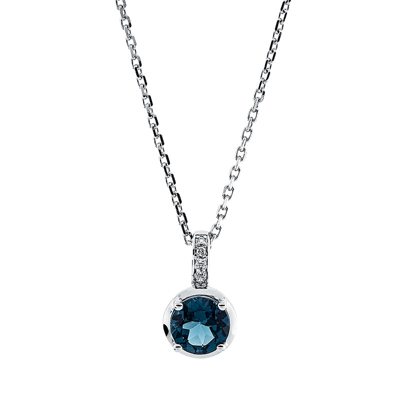 Collier 18 kt WG, mit ZÖ 40 cm + 43 cm, 5 Brill. 0,03 ct, TW-si, 1 Topas 0,89 ct Lond. blue