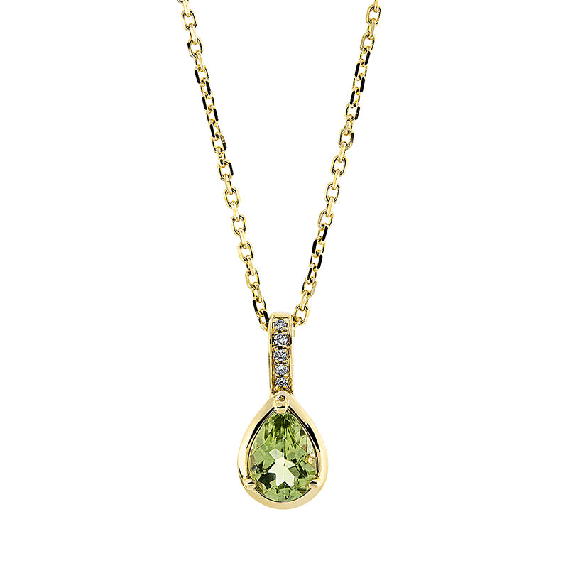 Collier 18 kt GG, mit ZÖ 40 cm + 43 cm, 5 Brill. 0,03 ct, TW-si, 1 Peridot 0,70 ct grün