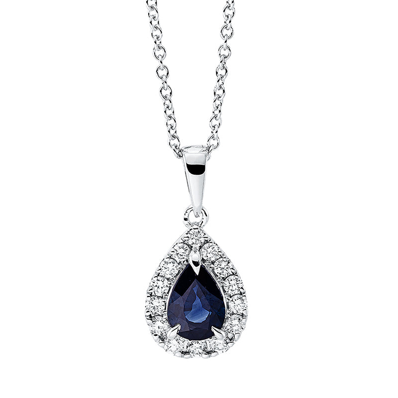 Collier 18 kt WG, mit ZÖ 40 cm + 42.5 cm, 14 Brill. 0,24 ct, TW-si, 1 Saphir 0,79 ct blau