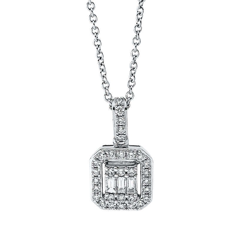 Collier 18 kt WG, mit ZÖ 42 cm, 3 Bag. 0,10 ct, TW-si, 31 Brill. 0,22 ct, TW-si
