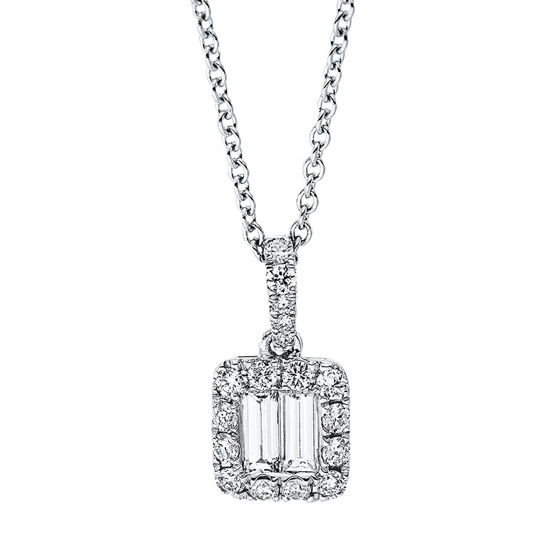 Collier 18 kt WG, mit ZÖ 42 cm, 2 Bag. 0,28 ct, TW-si, 17 Brill. 0,21 ct, TW-si