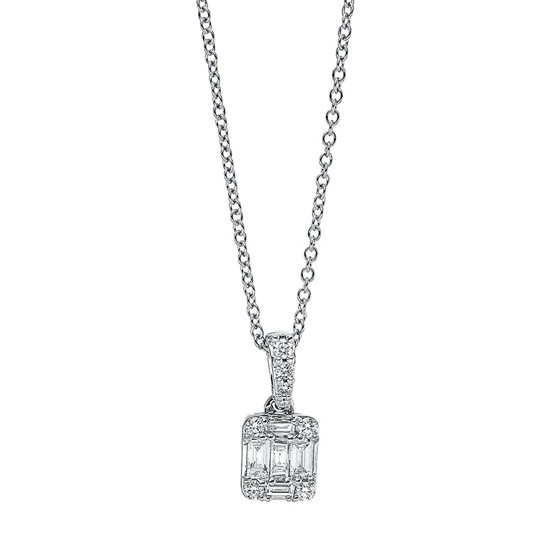 Collier 18 kt WG, mit ZÖ bei 41 cm, 6 Brill. 0,07 ct, TW-si, 2 Bag. 0,03 ct, TW-si, 3 Bag. 0,12 ct, TW-si, 2 Brill. 0,01 ct, TW-si