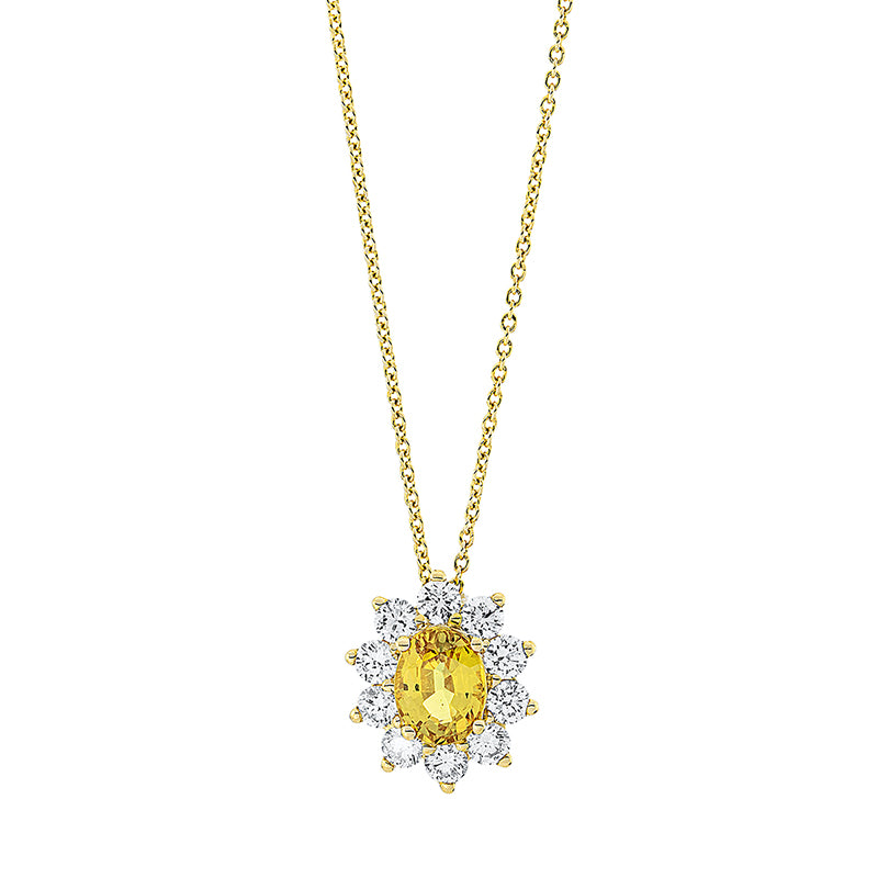 Collier 18 kt GG, mit ZÖ 39 cm, 10 Brill. 0,79 ct, TW-vsi, 1 Saphir 1,91 ct gelb