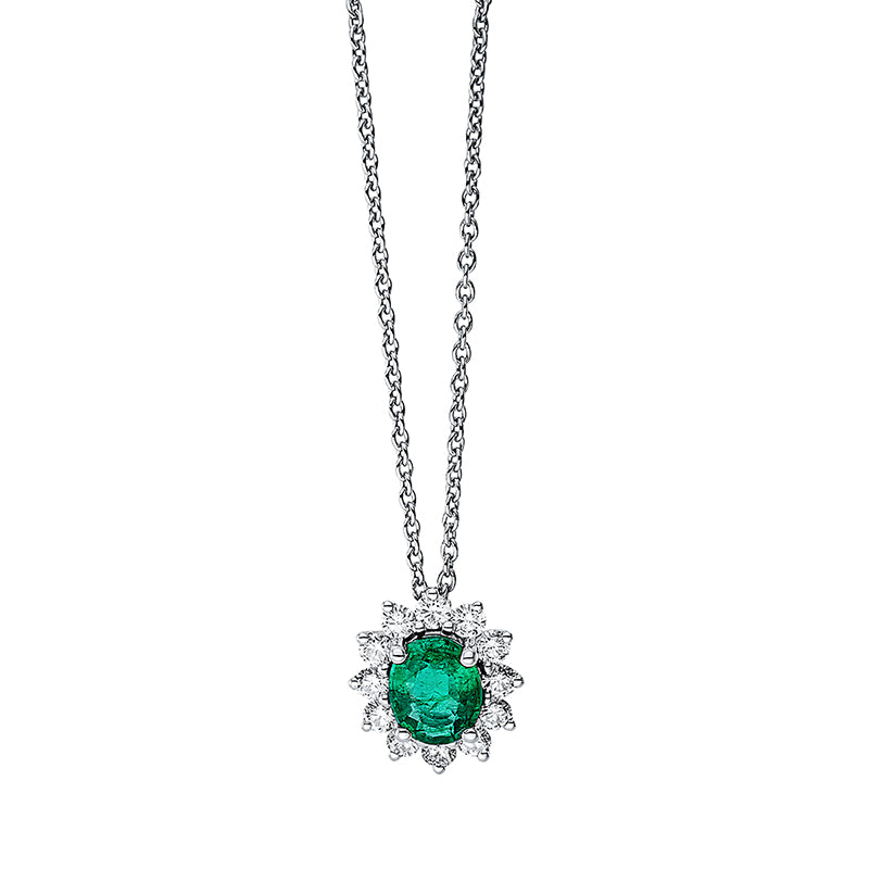 Collier 18 kt WG, mit ZÖ 42 cm, 12 Brill. 0,32 ct, F-vsi/si, 1 Smaragd 0,59 ct grün