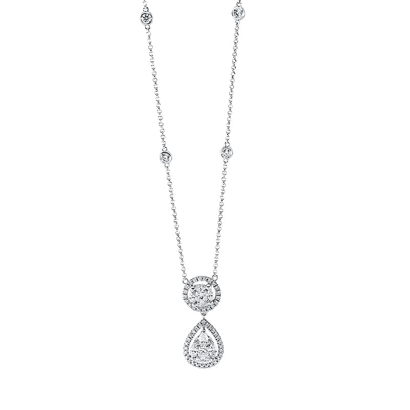 Collier 18 kt WG, mit ZÖ 38 cm + 41 cm, 7 Nav. 0,27 ct, TW-si, 2 Princ. 0,13 ct, TW-si, 1 Tropfen 0,08 ct, TW-si, 53 Brill. 0,34 ct, TW-si