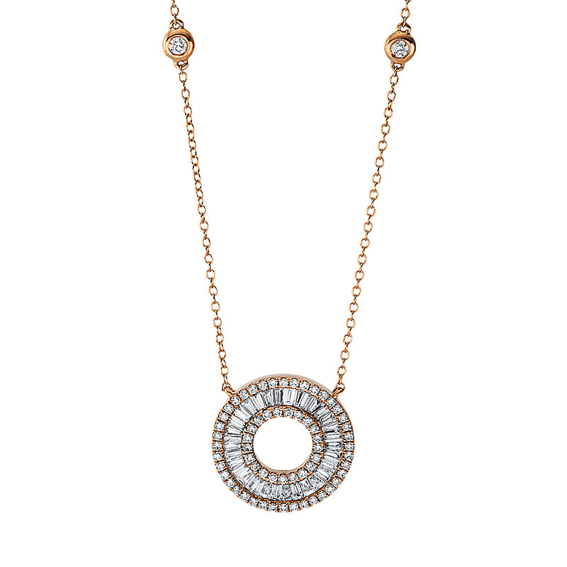 Collier 18 kt RG, Fassung rhodiniert, 29 Trap. 0,48 ct, TW-si, 7 Bag. 0,07 ct, TW-si, 63 Brill. 0,34 ct, TW-si