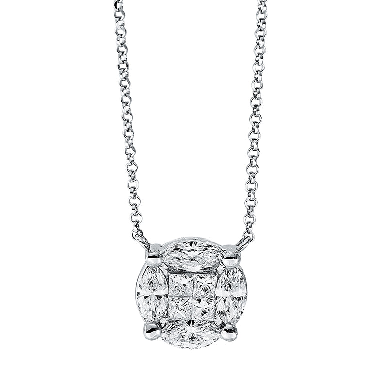 Collier 18 kt WG, mit ZÖ 38 cm + 41 cm, 4 Nav. 0,51 ct, TW-si, 4 Princ. 0,17 ct, TW-si