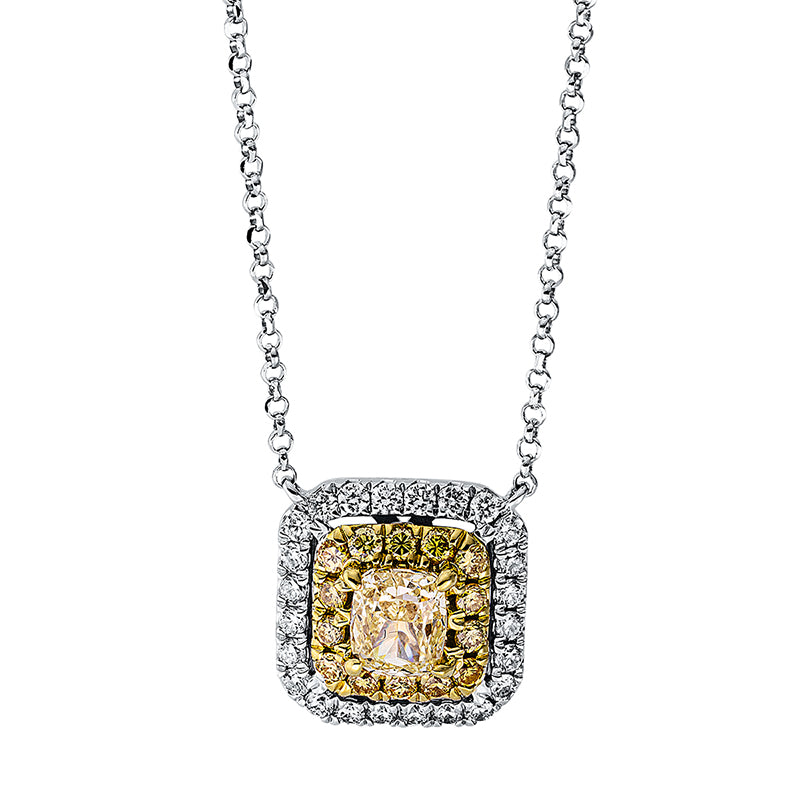 Collier 18 kt WG+GG, mit ZÖ 38 cm + 41 cm, 24 Brill. 0,19 ct, TW-si, 1 Cushion 0,48 ct, gelb, 14 Brill. 0,15 ct, gelb