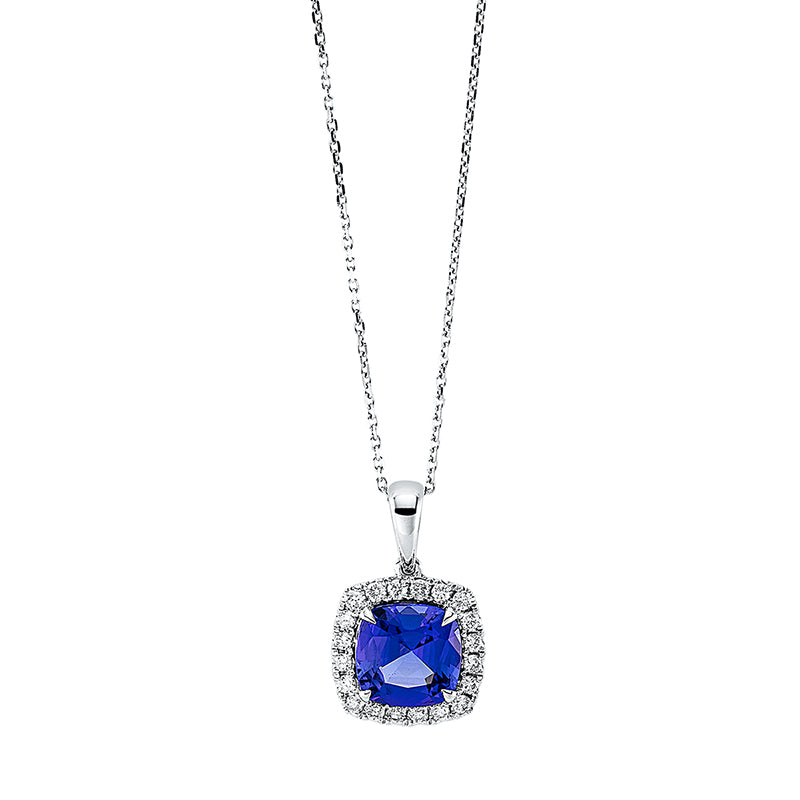 Collier 14 kt WG, mit ZÖ 40 cm + 43 cm, 20 Brill. 0,37 ct, TW-si, 1 Tansanit 3,01 ct blau