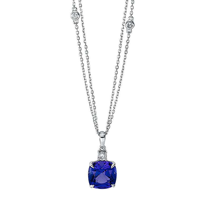 Collier 18 kt WG, mit ZÖ 40 cm + 43 cm, 5 Brill. 0,22 ct, TW-si, 1 Tansanit 3,98 ct blau