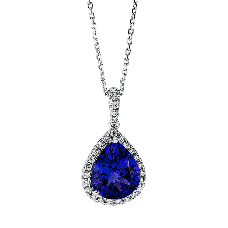 Collier 18 kt WG, mit ZÖ 40 cm + 43 cm, 29 Brill. 0,27 ct, TW-si, 1 Tansanit 3,31 ct blau