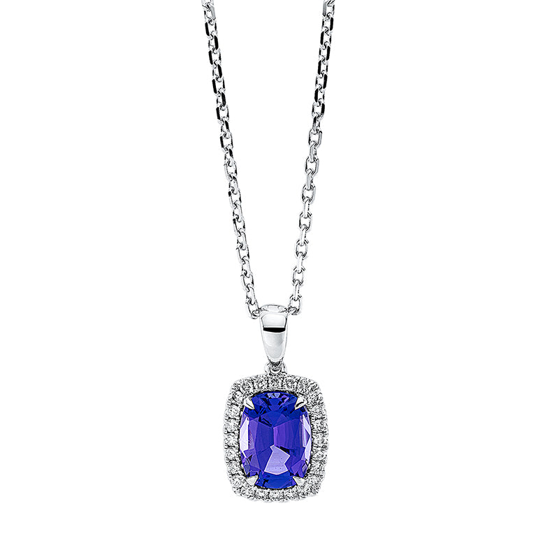 Collier 18 kt WG, mit ZÖ 40 cm + 43 cm, 24 Brill. 0,31 ct, TW-si, 14 Tansanit 3,14 ct blau